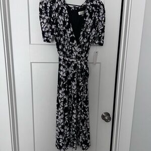 Harper Black and White Floral Wrap Midi Dress
